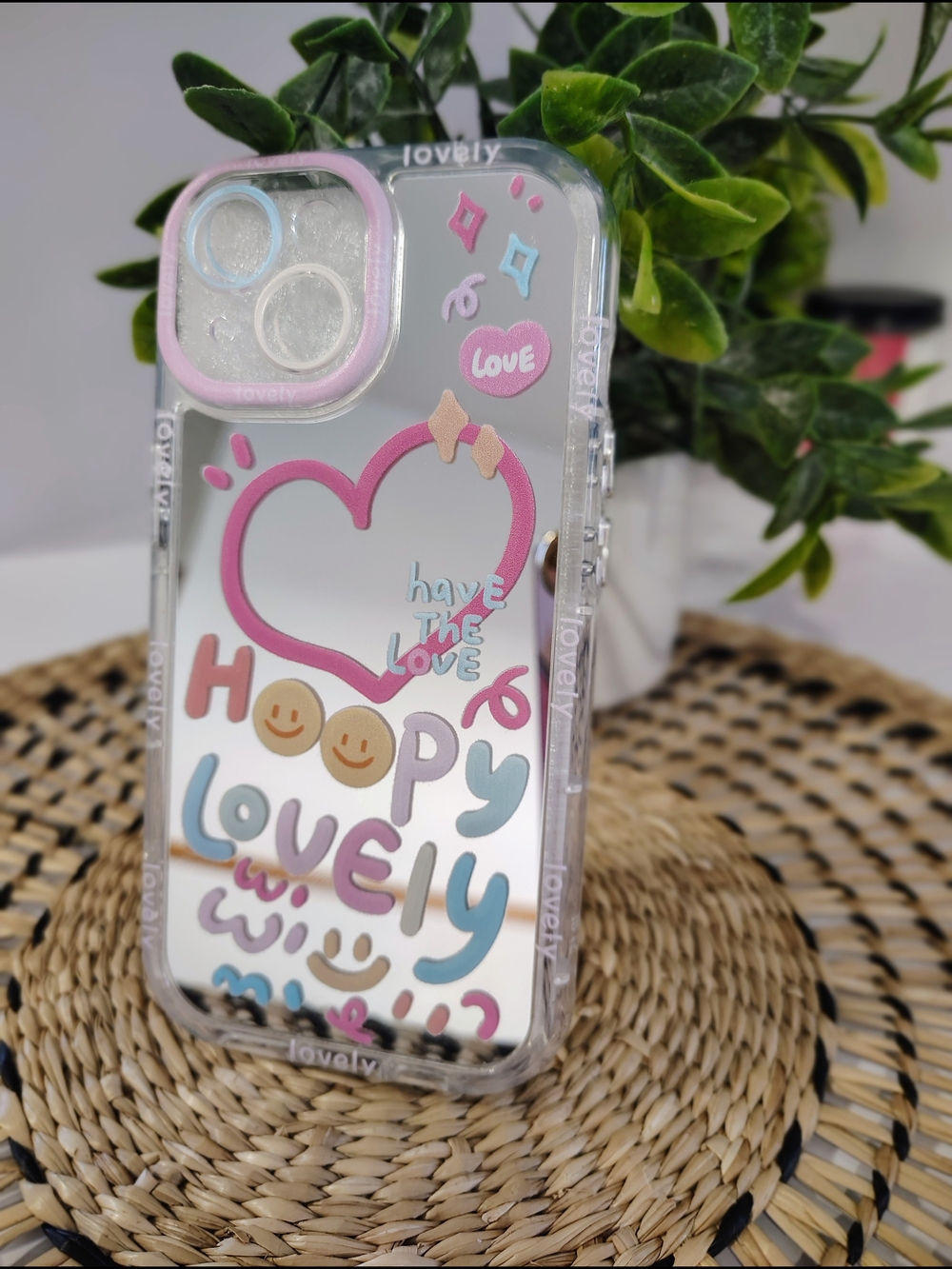 Clear Cute Heart & 'Lovely' Mirror IPhone 15 Case - Pink Accent